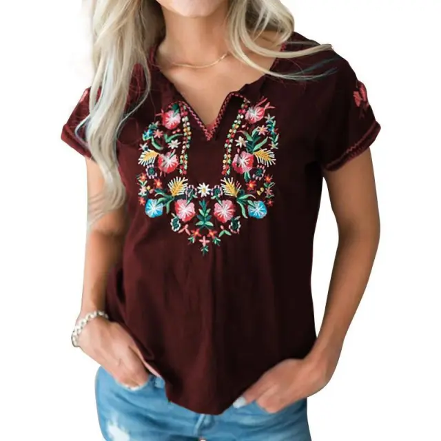 Spring Summer Retro Embroidered Short Sleeve T Shirt Women Red - Shop at LoveMi