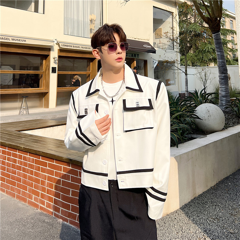 Single Black And White Color Contrast Three-dimensional Large Pocket Metal Button Jacket For Men