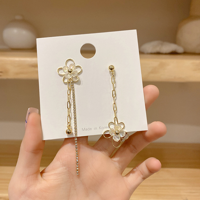 Title 3, New Flower Asymmetric Crystal Tassel Earrings. ...