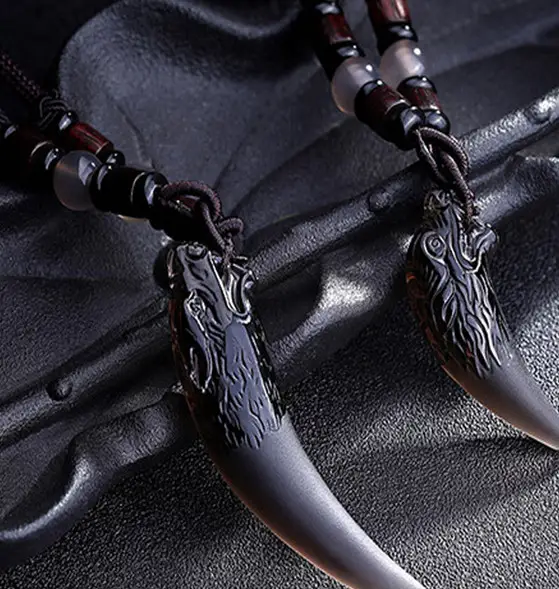 Natural Icy Obsidian Wolf Tooth Pendant Men's Necklace
