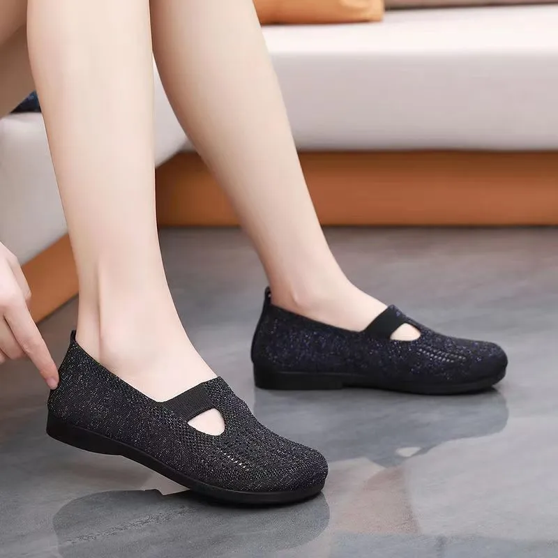 Women Flats Shoes Breathable Mesh Shoes Summer Light Loafers - Black