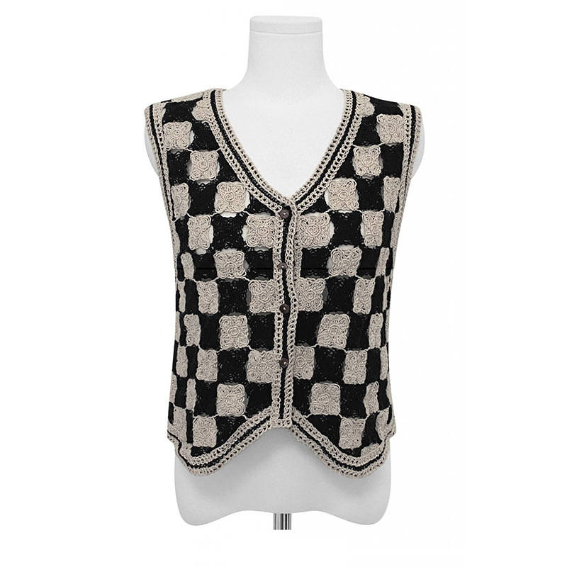 Knitted Checkerboard Plaid Retro Crochet Color Matching Checkered Cardigan Waistcoat