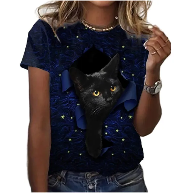 Cartoon Cat Round Neck Digital Printed Short sleeved T shirt For Women Figure6 - Shop at LoveMi