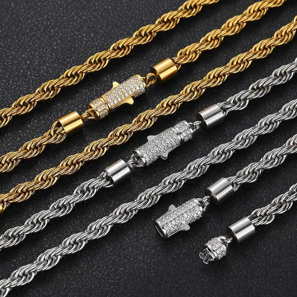 Cross Border Ddiamante Buckle Stainless Steel Necklace Personalized Titanium Steel Hemp Flowers Chain Men's Necklace Wholesale