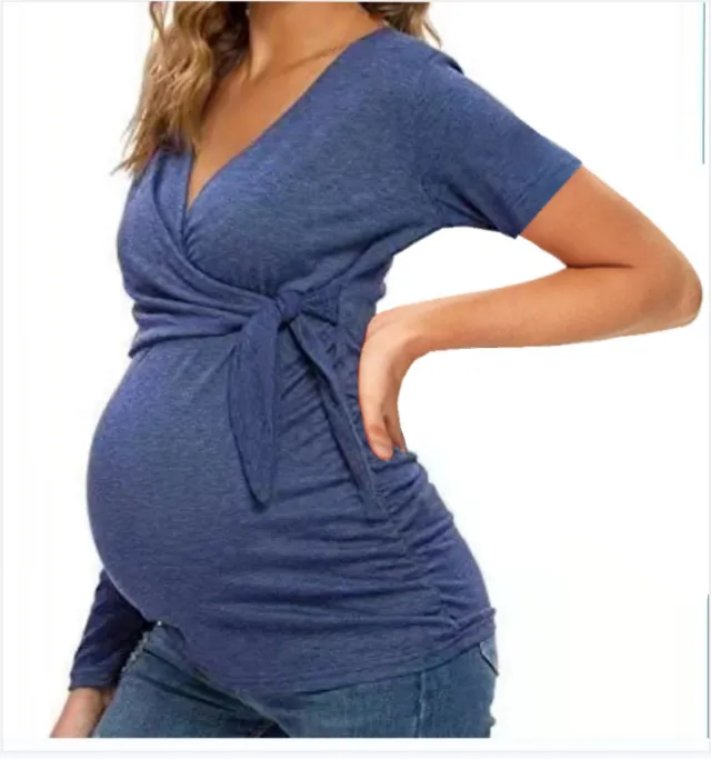 Cross V Neck Breastfeeding T Shirt Maternity Top Blue - Shop at LoveMi