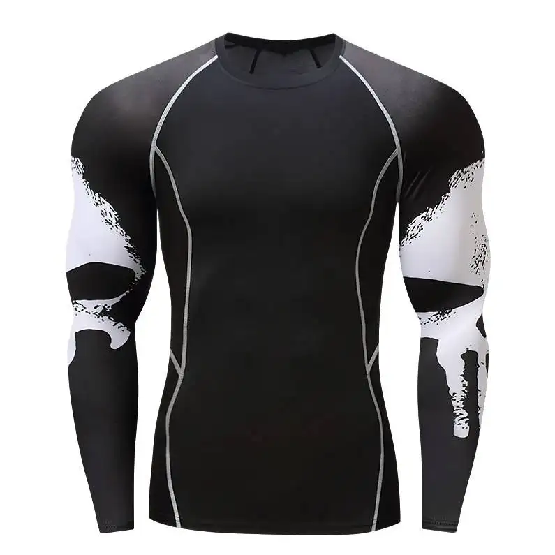 Skull Print Long Sleeve Men's Workout Clothes Stretch Quick