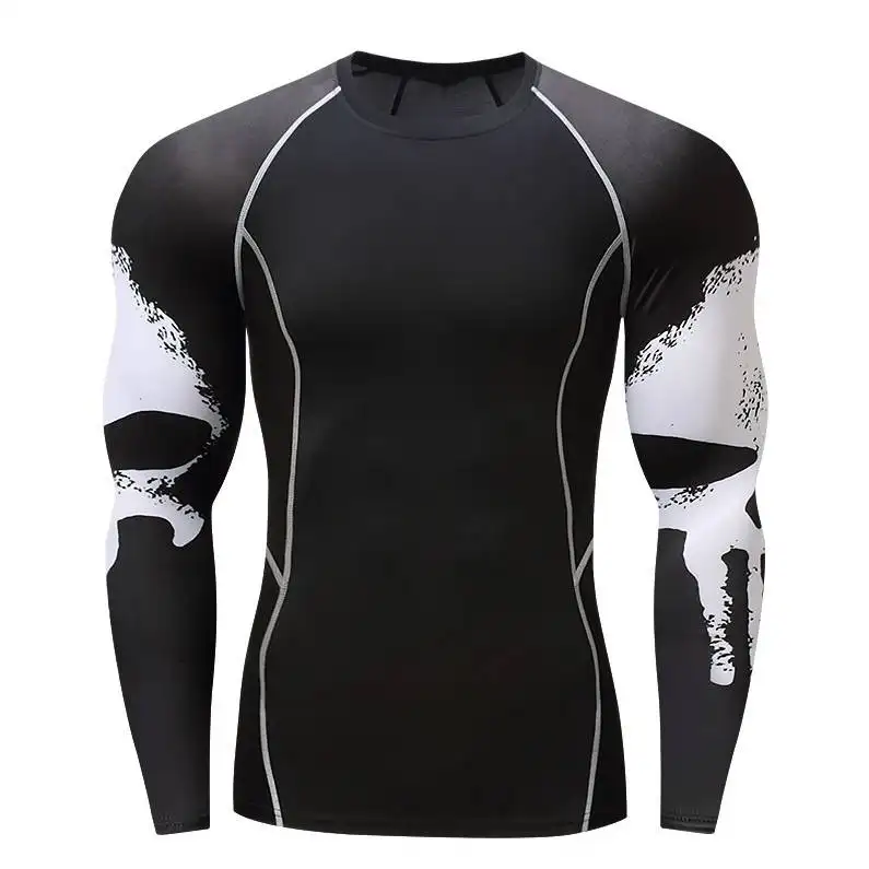Skull Print Long Sleeve Men's Workout Clothes
