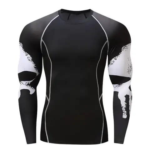 Skull Print Long Sleeve Men's Workout Clothes Stretch Quick