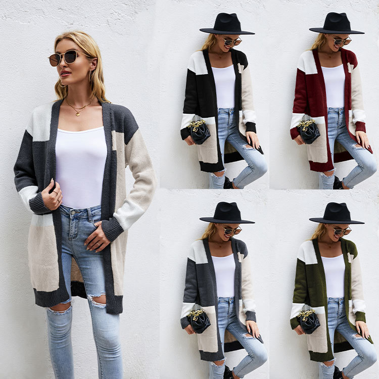 Title 2, Loose Plus Size Color Block Knitted Jacket