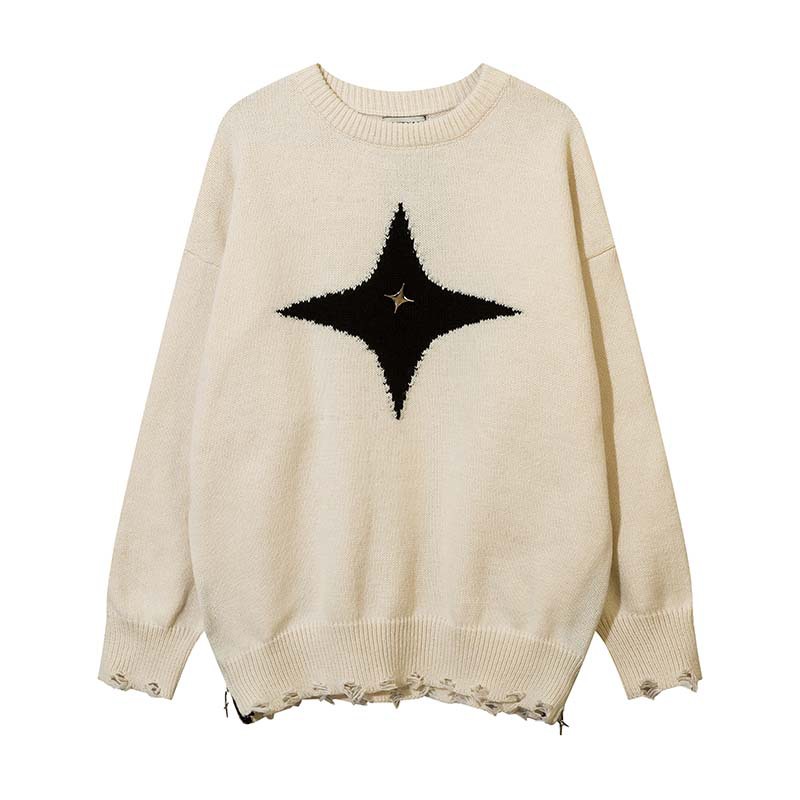 Street Tide Retro Four-pointed Star Round Neck Sweater For Men