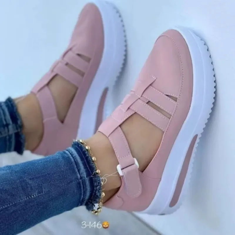 Flats Shoes Women's Sneakers Platform Casual Breathable Sport Shoes With Velcro - Pink