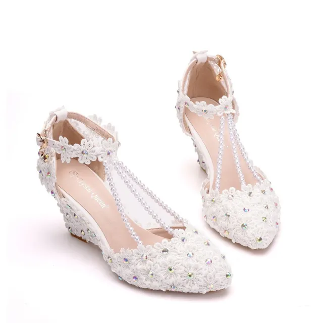 Rhinestone Wedge Lace Sandals White - Shop at LoveMi