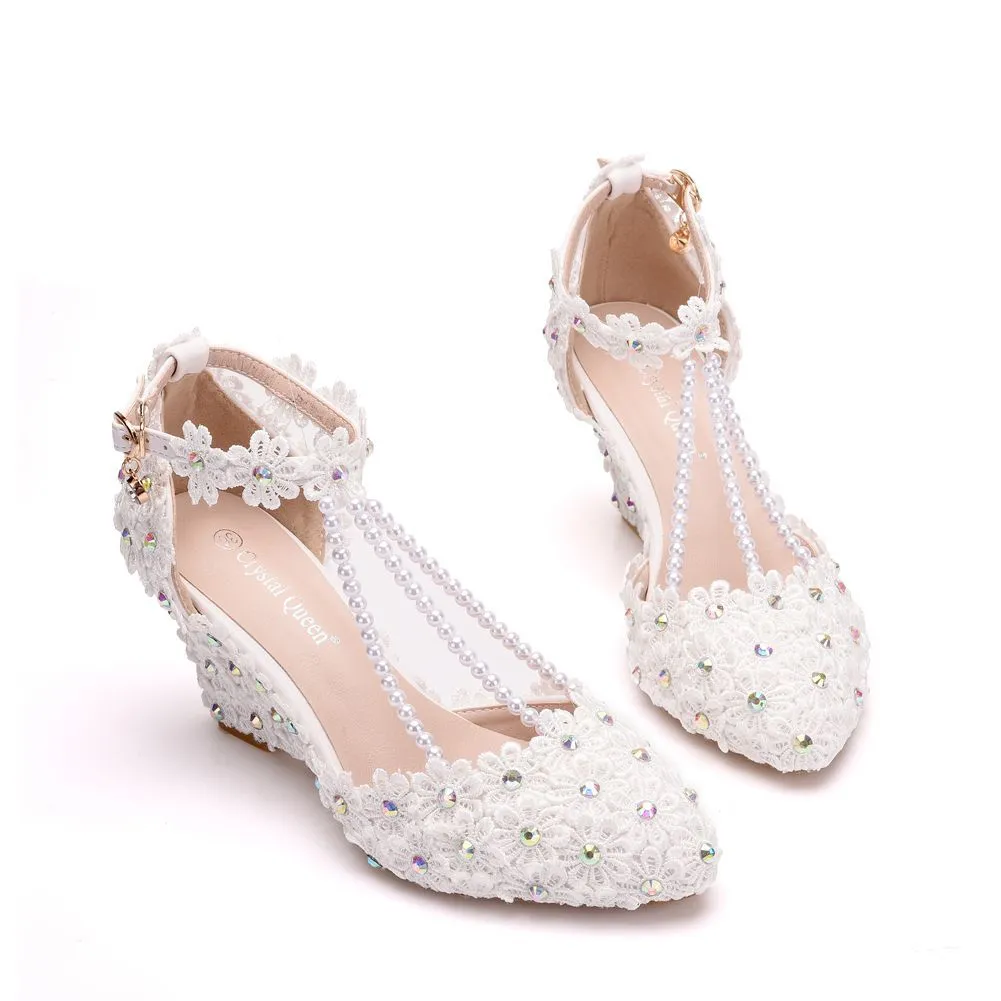 Rhinestone Wedge Lace Sandals - White