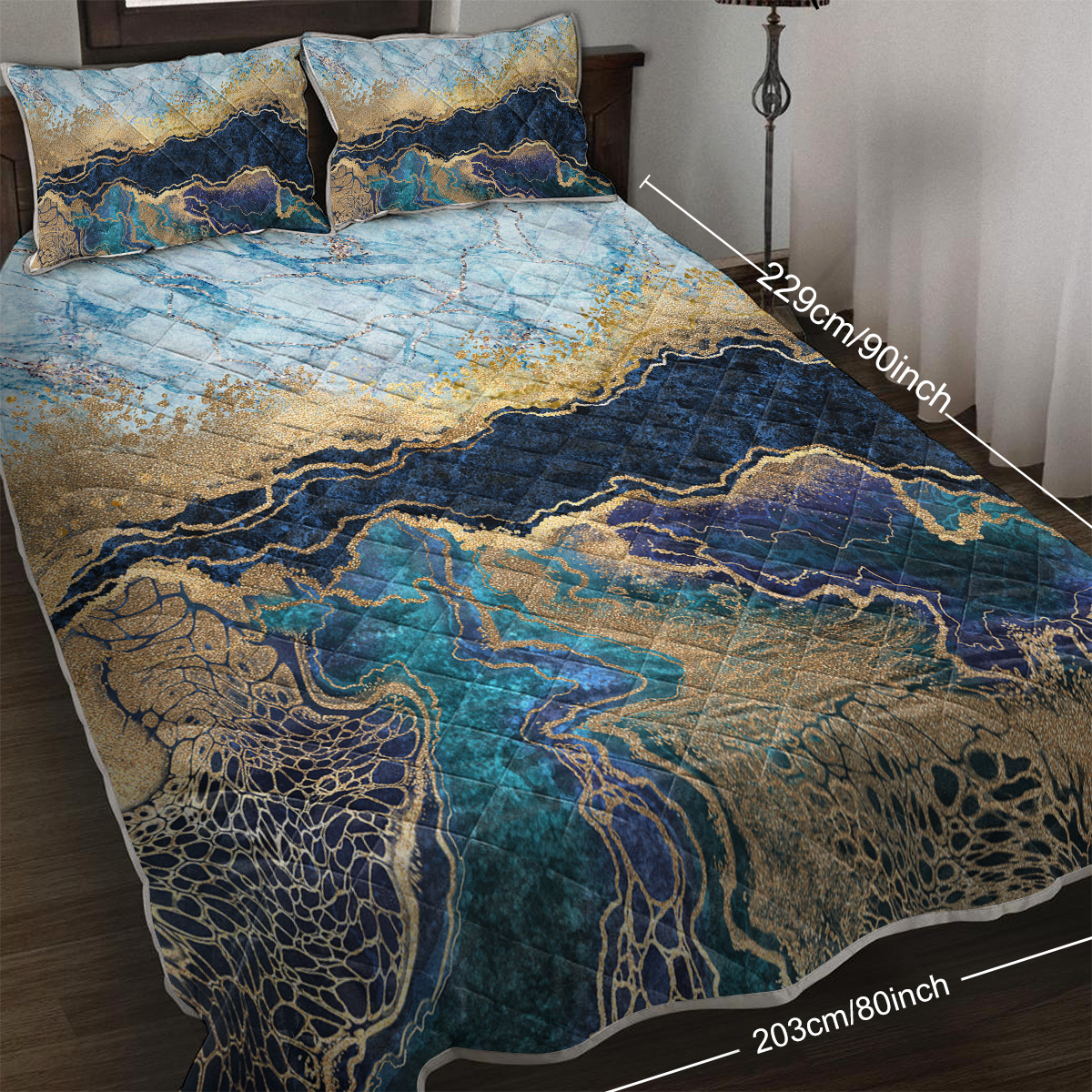 Marble Quilt Set, Blue And Gold Marble Bedding 3 Pieces, 1 Quilt & 2 Pillow Cases, Luxury Marble Bed Set
