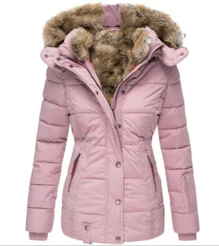 Fur collar long sleeve slim fit cotton coat Pink - Shop at LoveMi