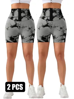 2 Pack 3-ROW HOOK Seamless Sexy Tie Dye Shorts Scrunch Butt Lifting Tummy Control High Waist Quick Drying Sports Yoga Shorts - 2Bgy - View 1