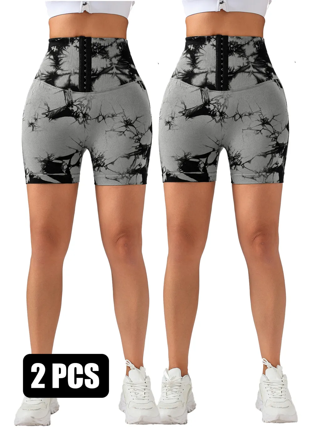 2 Pack 3-ROW HOOK Seamless Sexy Tie Dye Shorts Scrunch Butt Lifting Tummy Control High Waist Quick Drying Sports Yoga Shorts - 2Bgy