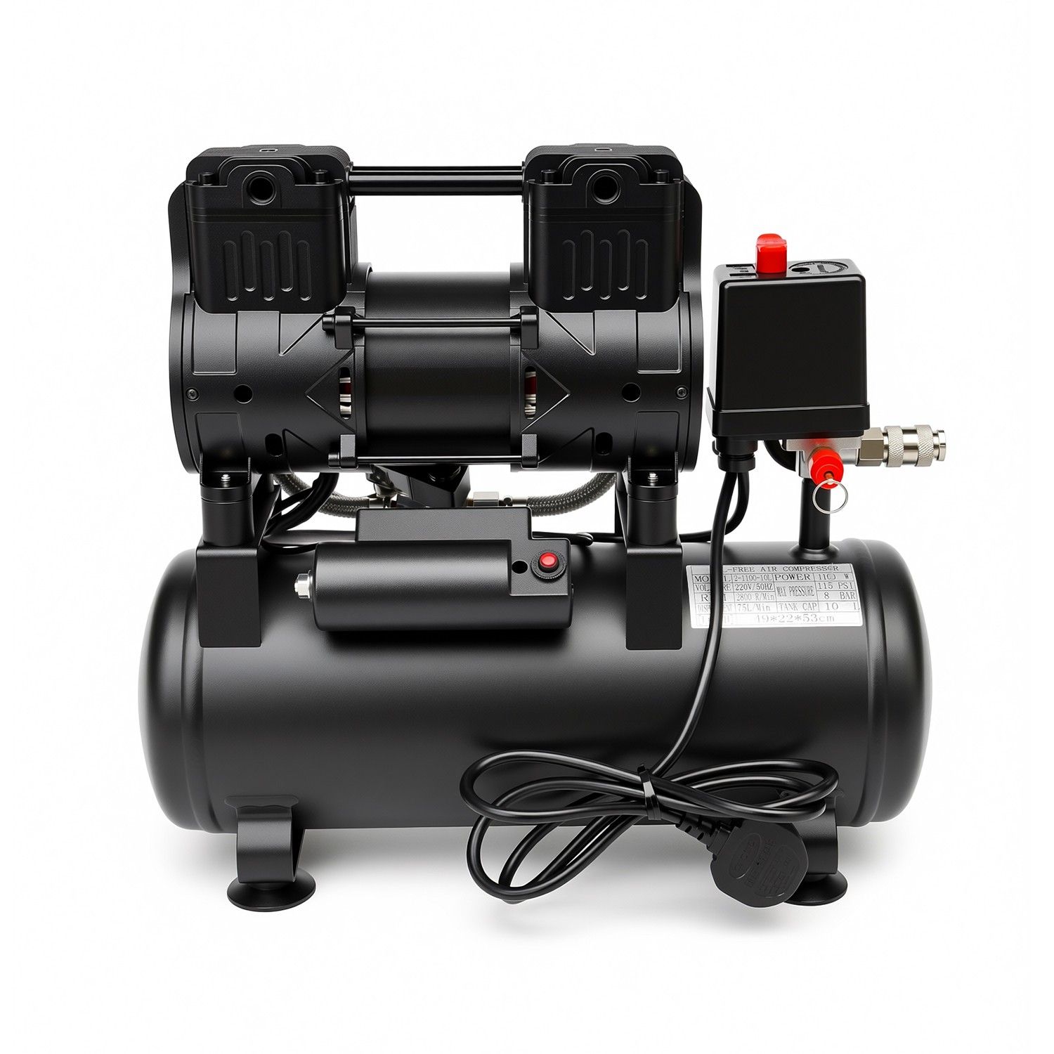 1100w 10L Air Compressor Electric 1.5HP Silent Oil Free 8bar 116psi 2800rpm