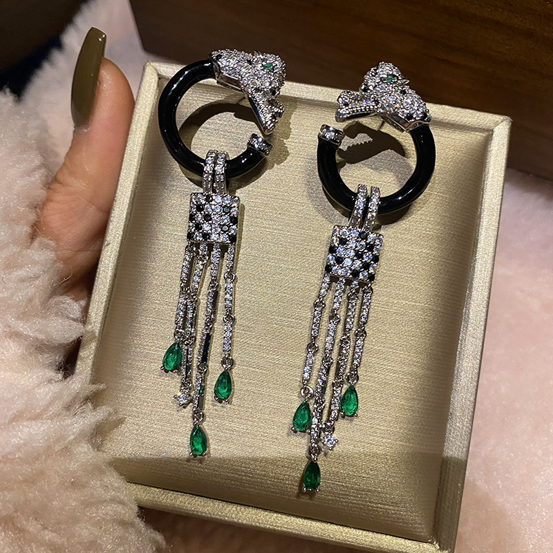 Title 3, Black Leopard Green Diamond Tassel Earrings for...