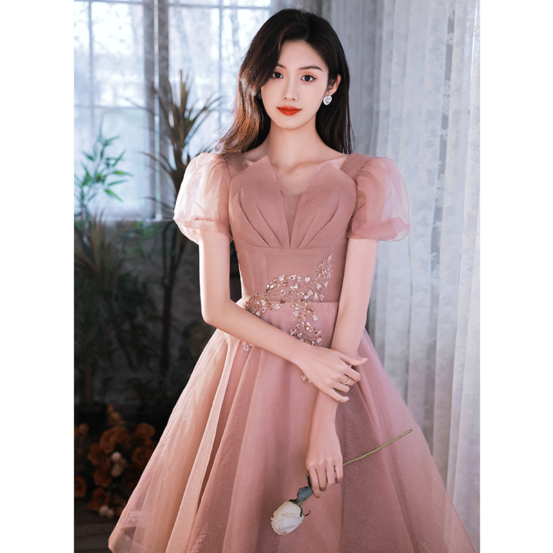 HOOR Women Luxury Puff Sleeve Backless Shiny Prom Gown Medium And Long Bean Paste S - Shop at LoveMi