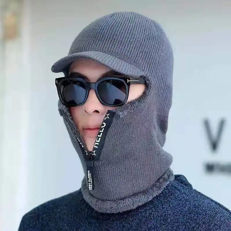 Men's Hat With Thick Fur With Zipper And Bib All-in-one Warm Hat