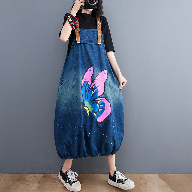 Fashion Butterfly Printed Denim Strap Skirt