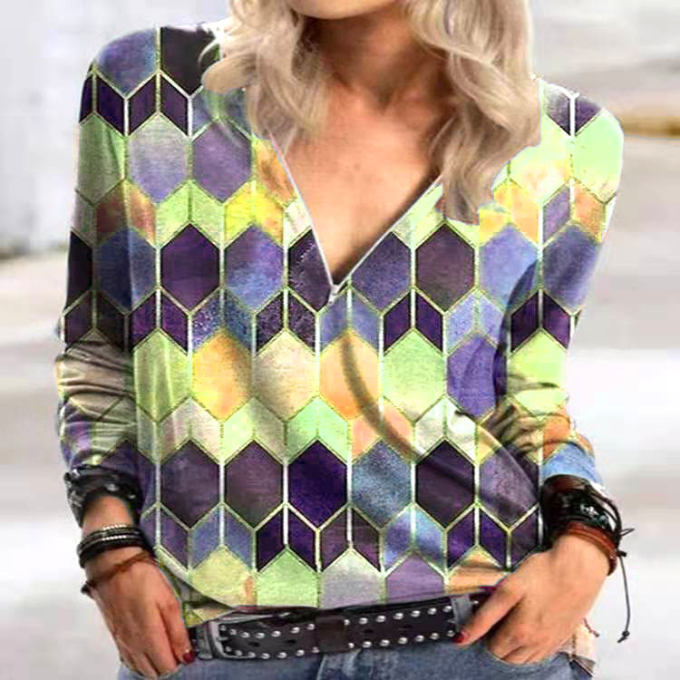 Title 1, Fashion Geometric Print Zipper Long-sleeved T-s...