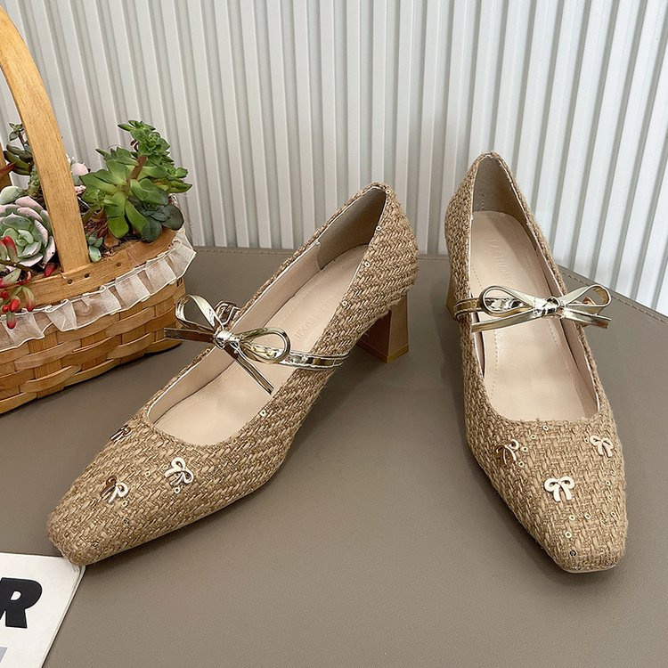 2026 New Women's Square Toe Bowknot Woven Mary Jane Chunky Heel Pumps