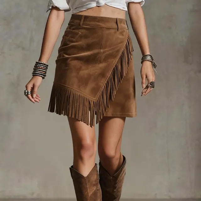 Women's Western Style Mini Skirt Solid Color Fringe Hem Pencil Skirt With Decorative Pockets For Vacation Dark Brown - Shop at LoveMi