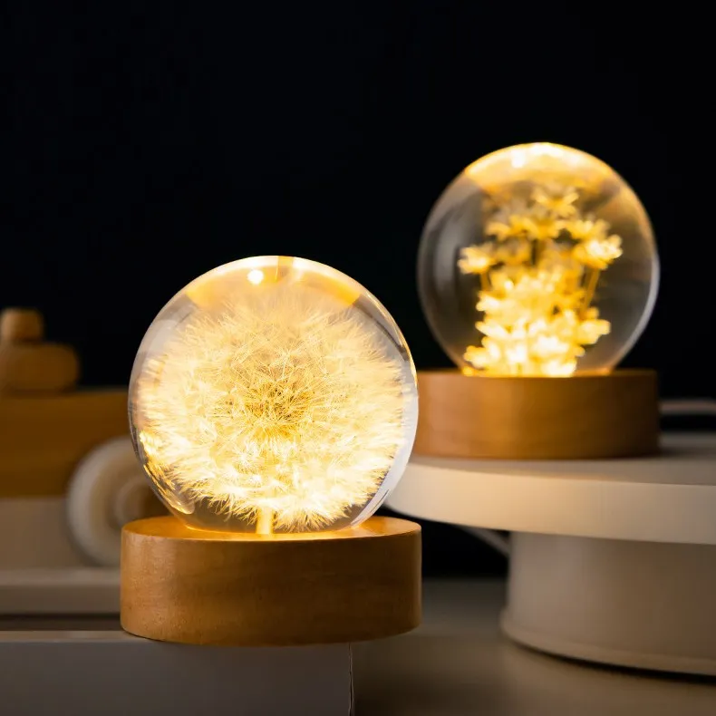 Luminous 3D Dandelion Crystal Ball Beech Wood Stand Base Preserved Flower Sphere Ball Desktop Ornaments Bithday Christmas Gifts – image 2