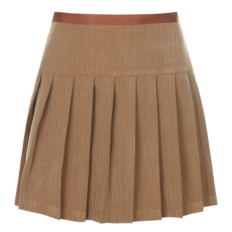 Women's Skirt European And American College Style Tie Waist Khaki Pleated Skirt Female High-waisted Slim Short Skirt