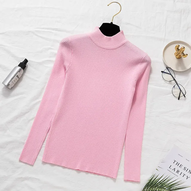 Slim Fit Half high Collar Long Sleeves Bottoming Shirt Pure Color All matching Sweater Pink - Shop at LoveMi