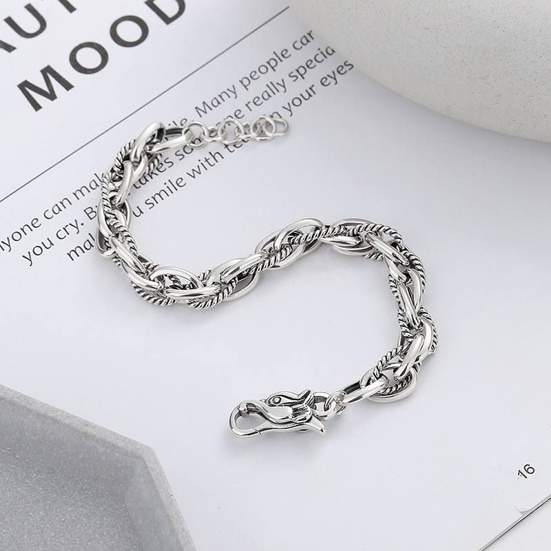 S925 Sterling Silver Vintage Heavy Work Hip Hop Stitching Twist Dragon Head Buckle Woven Bracelet