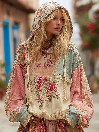 Vintage Hooded Jacket Versatile Lace-up Printed Sweatshirt