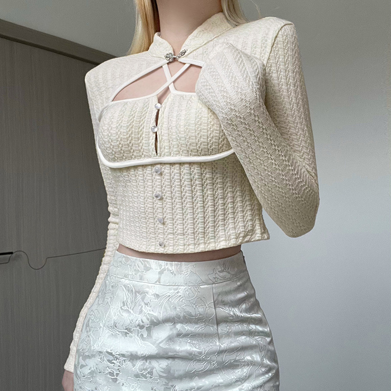 Chinese-style Design Button Stand Collar Knitted Top