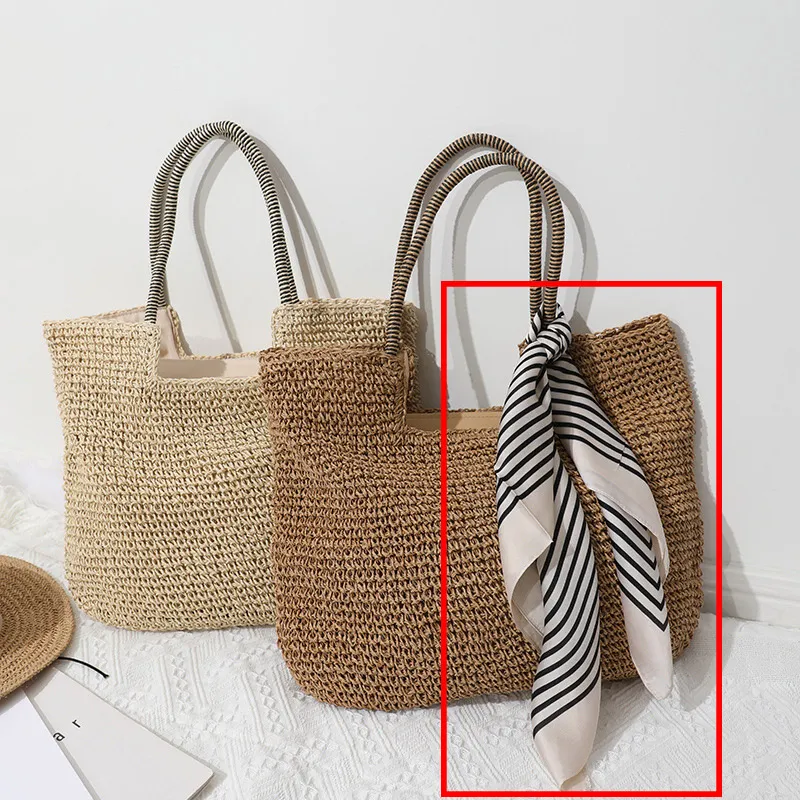 Vintage Straw Bag Large Capacity Woven Tote - Silk Scarf