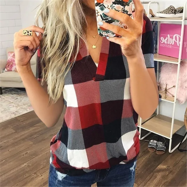 Women's New Shirt Plaid Printed V Neck Short Sleeved Shirt T Shirt Women Red - Shop at LoveMi