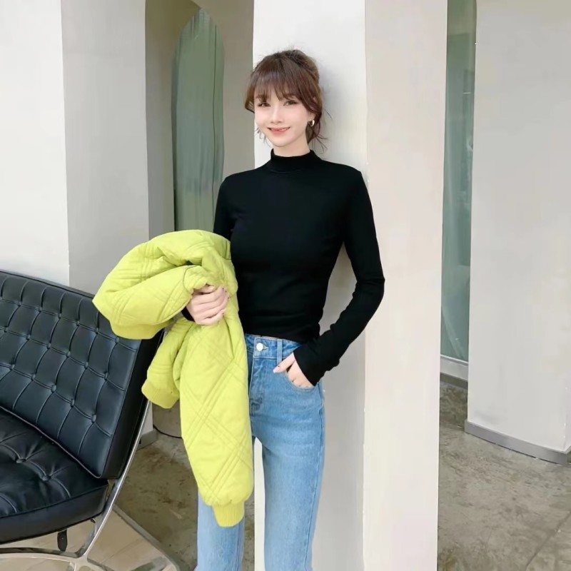 Stand Collar Slim Long Sleeve With Sanding And Cashmere T shirt Inside Black - Shop at LoveMi