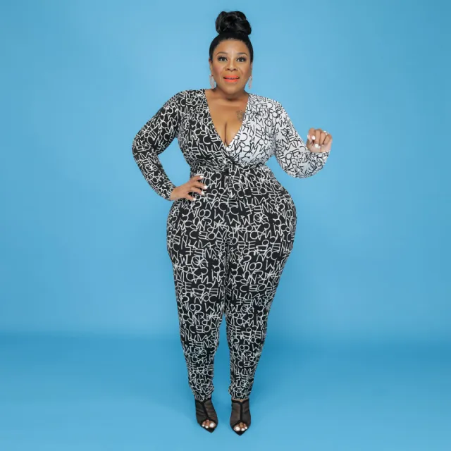Large Size Jumpsuit Ladies Big Rompers V Neck Black - Shop at LoveMi