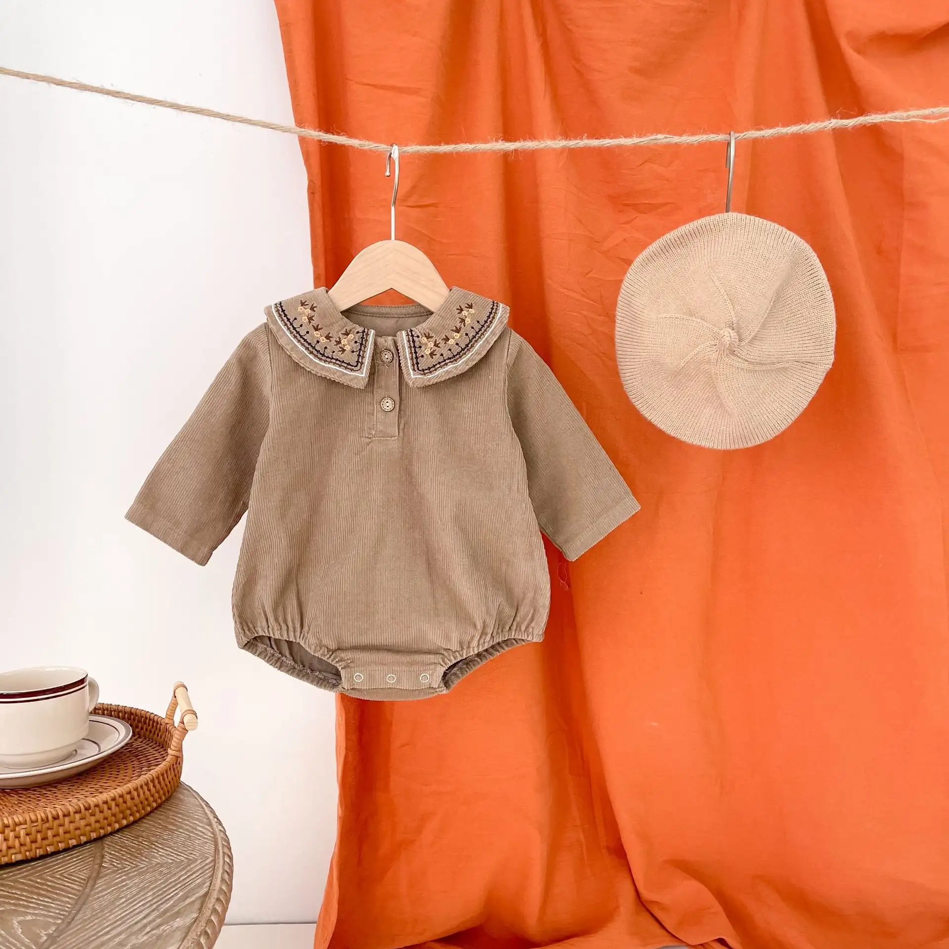 Embroidered Collar Romper Corduroy Long Sleeve Bag Butt Swimsuit