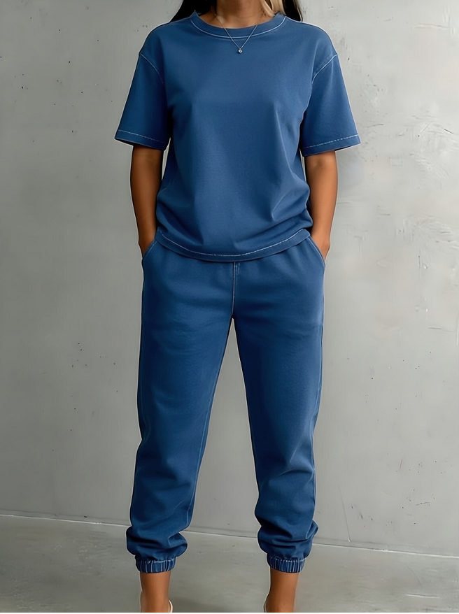 Washed Cotton Short Sleeved Leg Binding Casual Two-piece Set