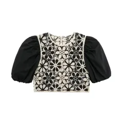 Crewneck Crochet Panel Puff Sleeve Cropped Top - Photo Colour-M - View 1