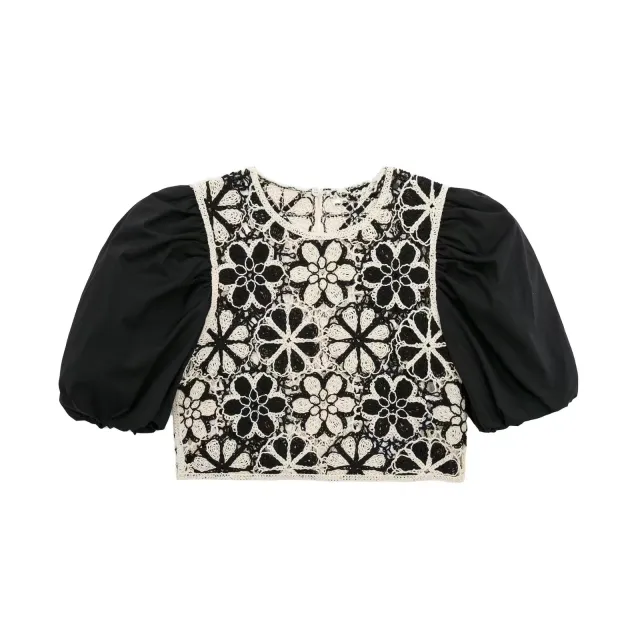 Crewneck Crochet Panel Puff Sleeve Cropped Top Photo Color S - Shop at LoveMi