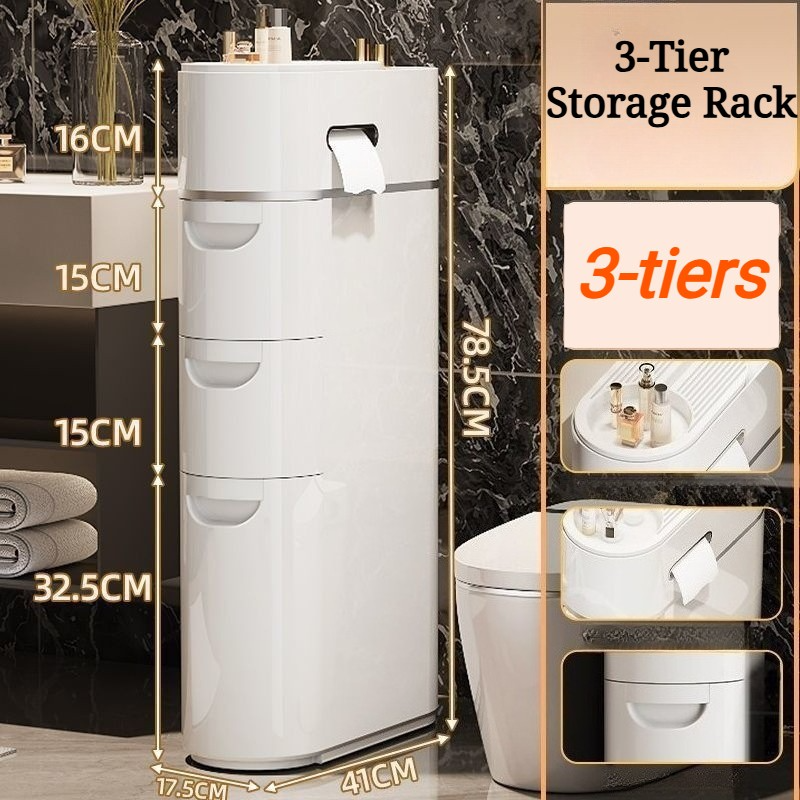Slim Bathroom Floor Cabinet Storage Unit Tower With 3 Drawer Toilet Paper Holder — image 7