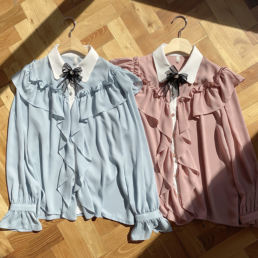 Title 6, Bowknot Solid Color Ruffled Long-sleeved Shirt