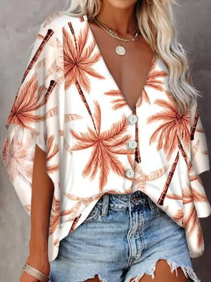 European And American Women's Printed Short Sleeve Shirt Flowers Coconut Tree - Shop at LoveMi