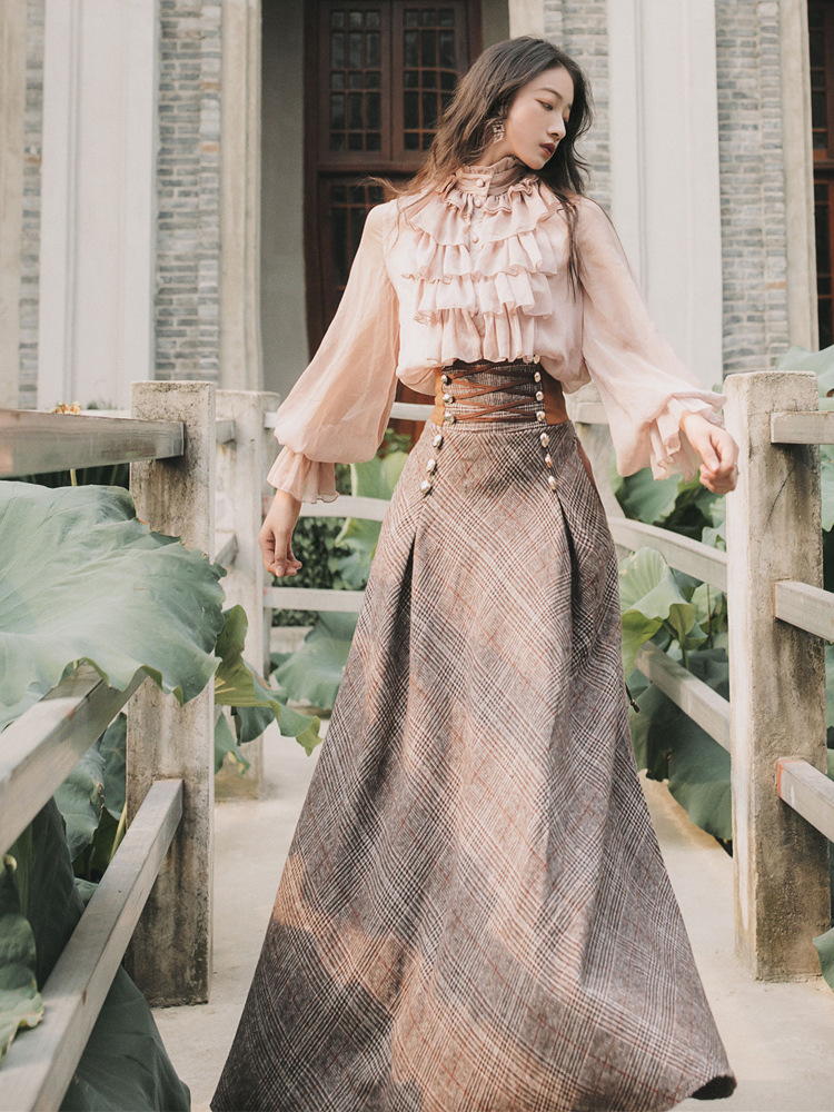 Retro Stand Collar Lantern Sleeve Shirt Tie High Waist Skirt Set