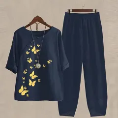 Spring New Women's Five-quarter Sleeve Printed Top Two-piece Pants - Navy Blue - View 1