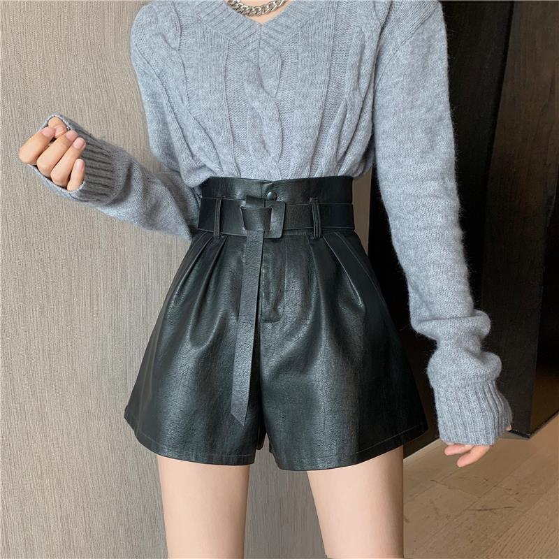 Coffee Color Leather Shorts Women's Autumn And Winter Outer Wear Coffee - Shop at LoveMi