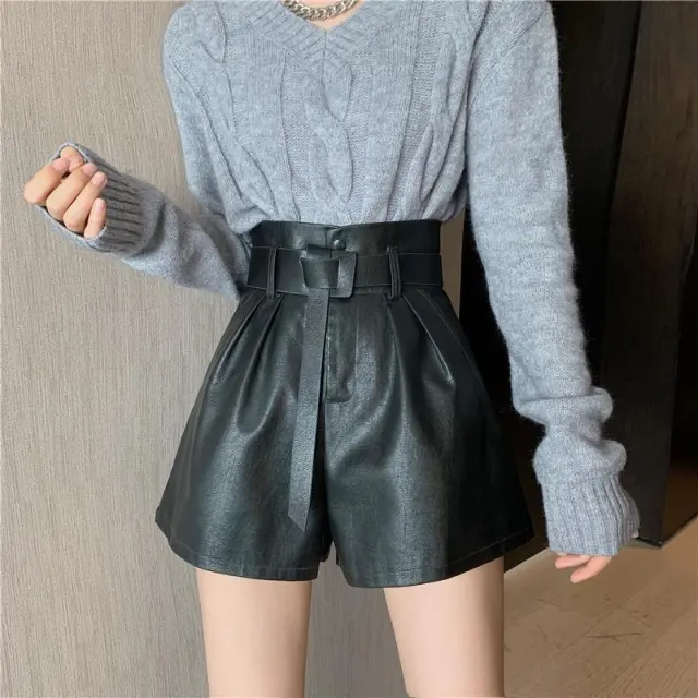 Coffee Color Leather Shorts Women's Autumn And Winter Outer Wear Black - Shop at LoveMi